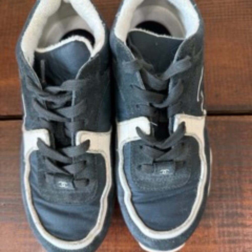 Chanel Grey/White Fabric and Suede CC Lace Up Sneakers - Picture 2 of 5